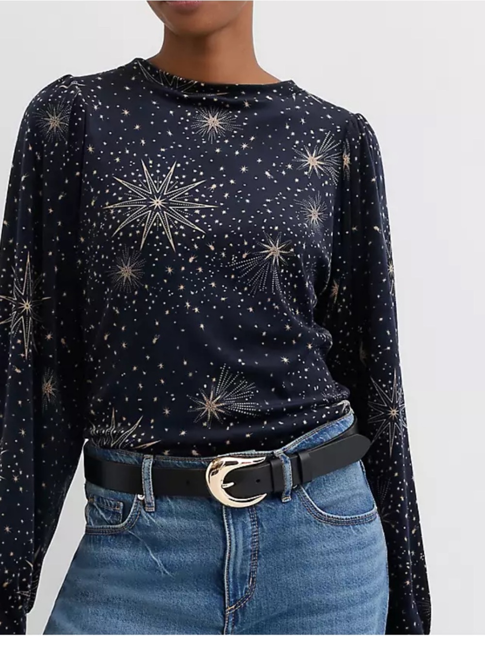 Loft Starry Space Blue with Gold Foil Stars Velour Sweatshirt Size Medium
